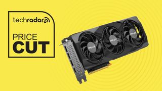PNY RTX 5070 graphics card on yellow background with price cut text overlay
