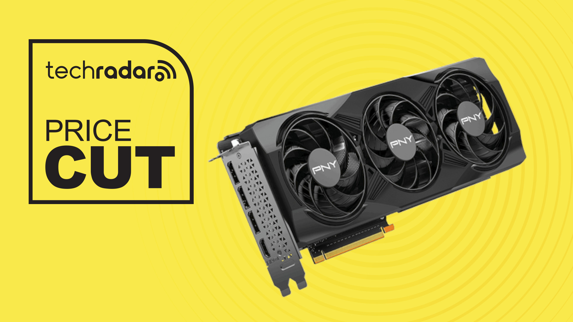 PNY RTX 5070 graphics card on yellow background with price cut text overlay