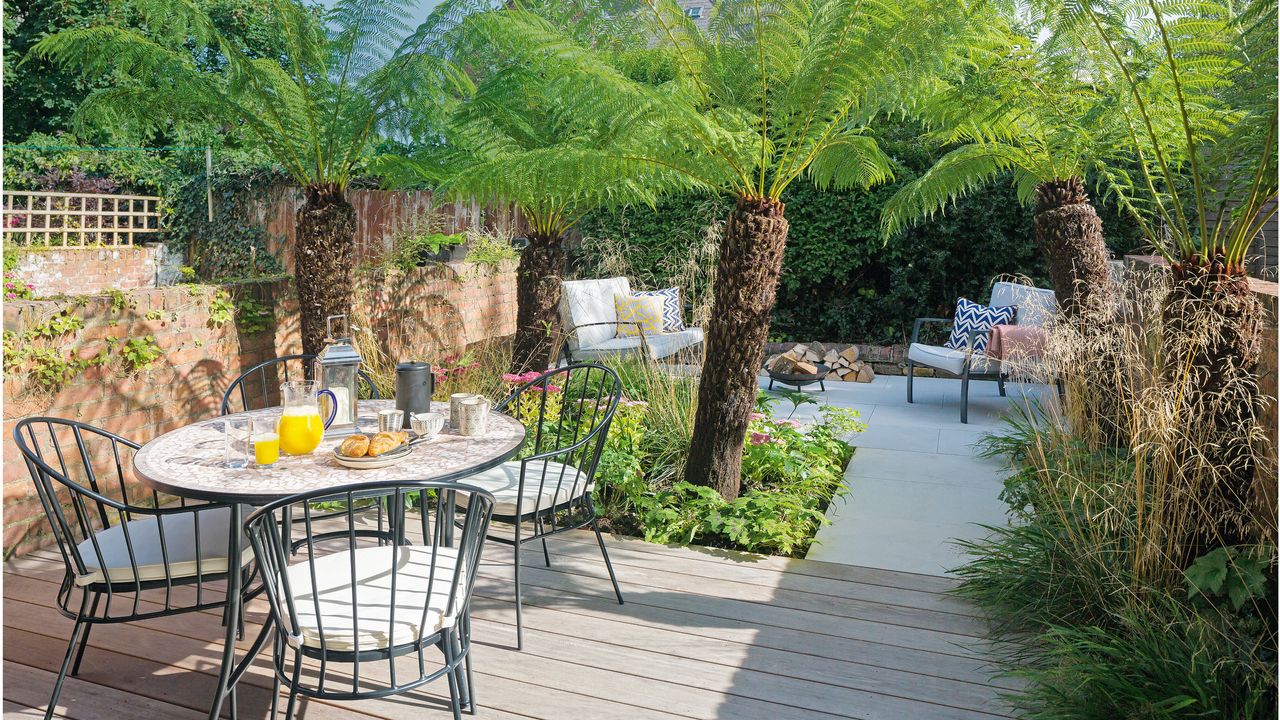 Garden with decking area and paved seating area, large fern palm in the centre, dining table laid for breakfast