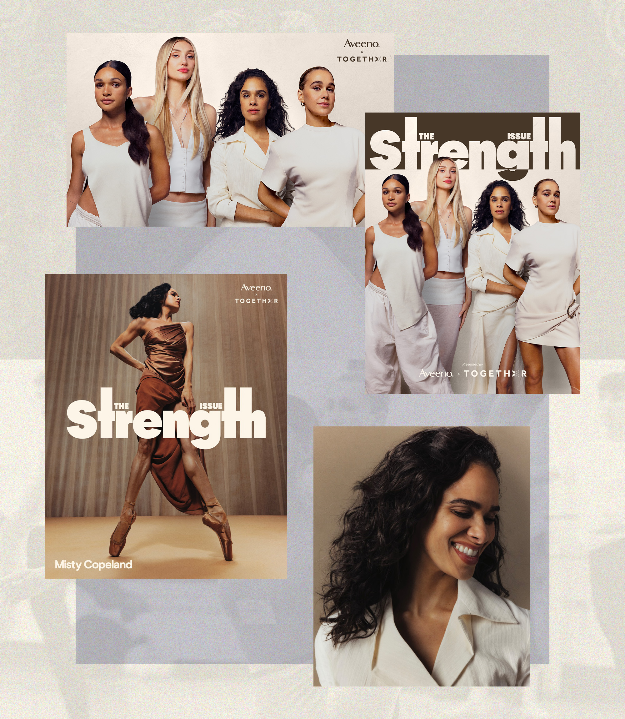 Misty Copeland poses with Aveeno x Togethxr The Strength Issue with Sophia Wilson, Cameron Brink and Ali Truit