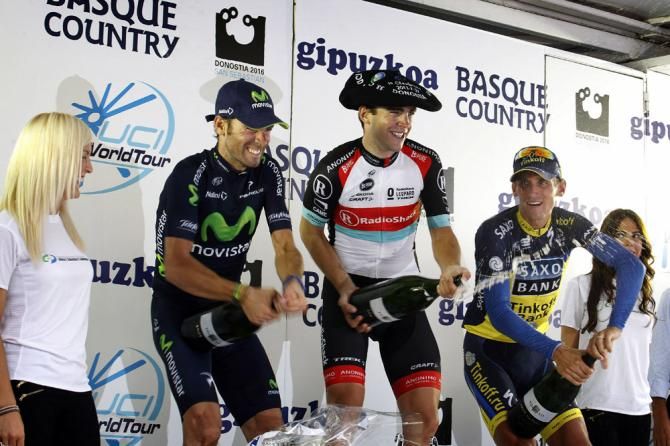 Podium hijinks commence for the top three finishers of the Clasica San Sebastian