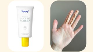 Side by side images showing Supergoop Mineral Mattescreen SPF 30 and swatches