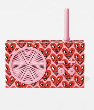 pink radio covered in heart motifs