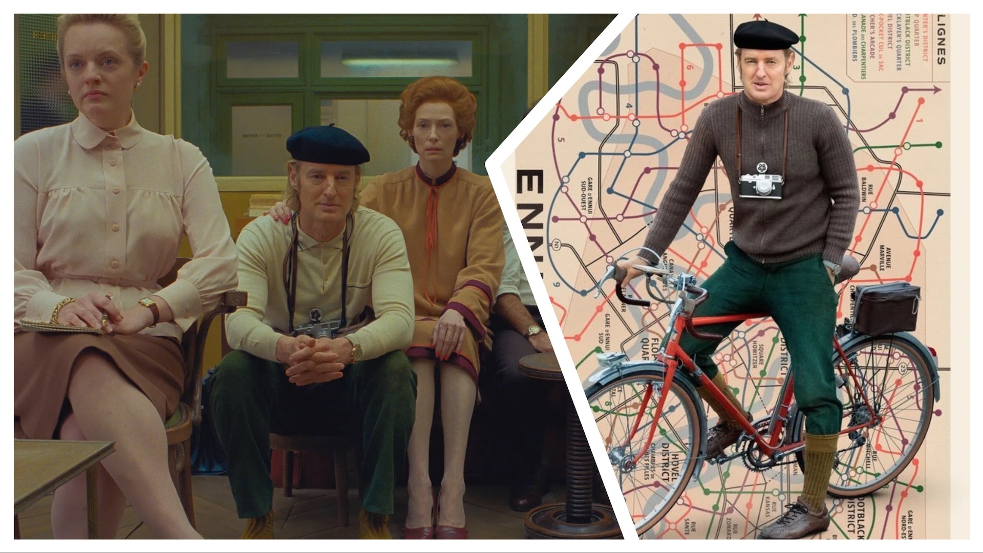 Two photos of Owen Wilson in The French Dispatch as Herbsaint Sazerac, on the left sat down and on the right sat on a bicycle