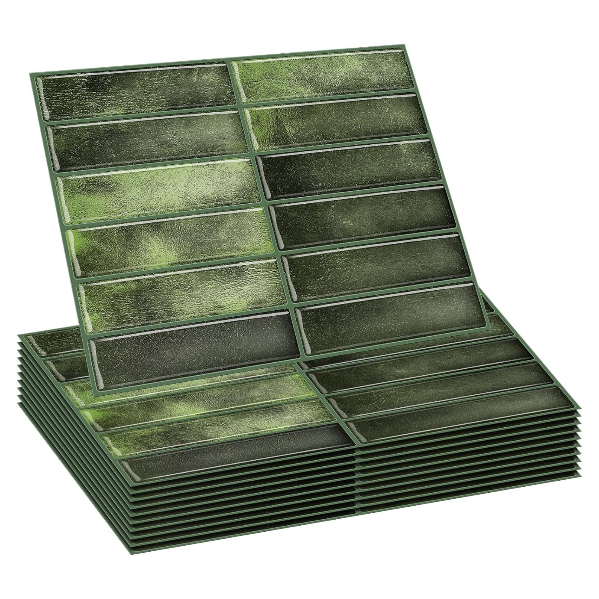 a stack of peel and stick tiles in a shimmering green color