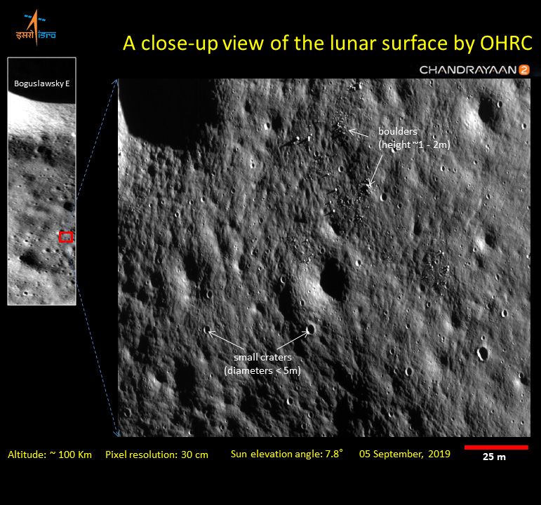 India's Chandrayaan-2 spacecraft in orbit around the moon captured this high resolution photo of the lunar south pole on Sept. 5, 2019.
