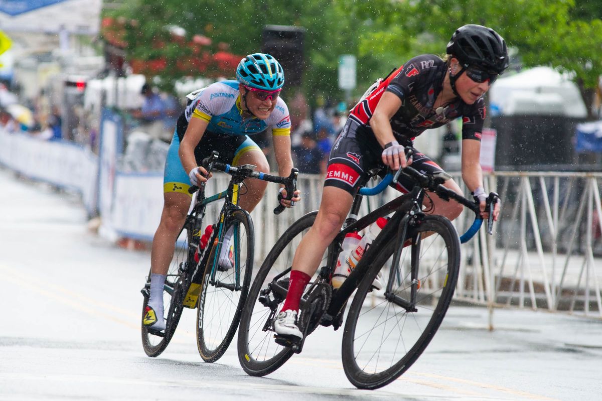 Riders try to get away on the final circuits of the road race at the Winston-Salem Cycling Classic