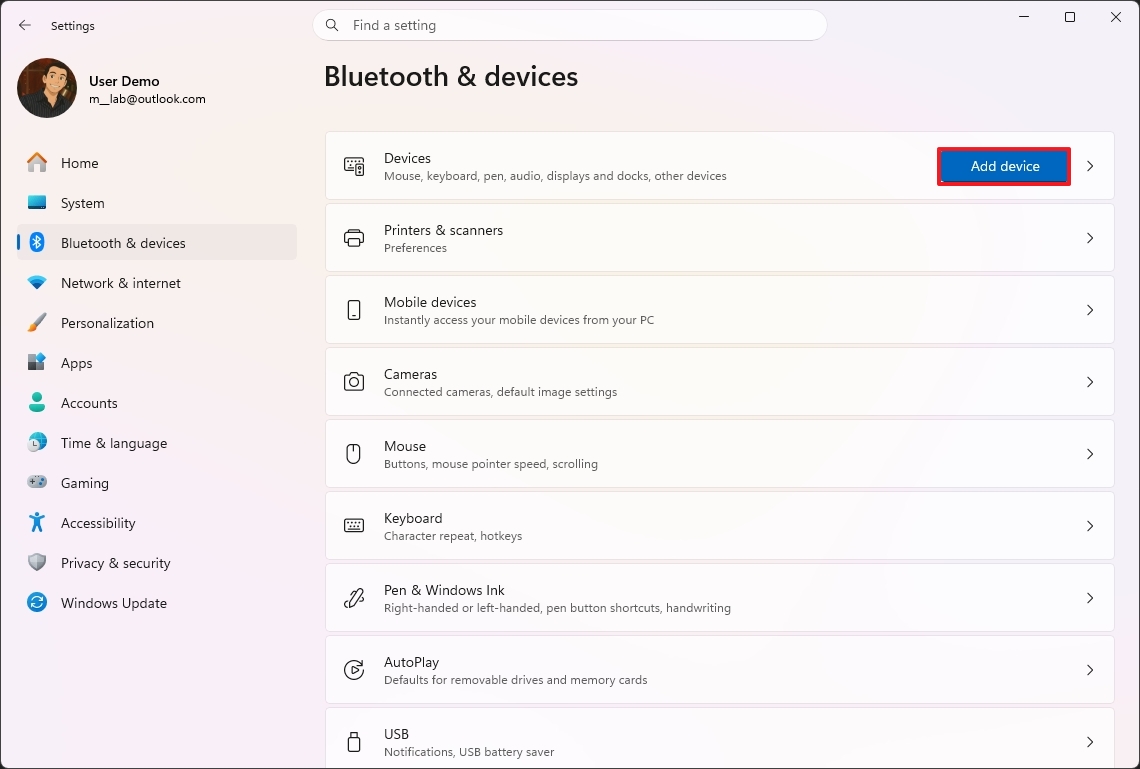 Settings screen showing "Bluetooth &amp;amp; devices" tab selected with options like Devices, Printers, and Mobile devices listed. "Add device" button highlighted.