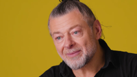 A still from a Variety video titled "Does Andy Serkis Know His Lines?" featuring actor Andy Serkis looking emphatically into the camera.