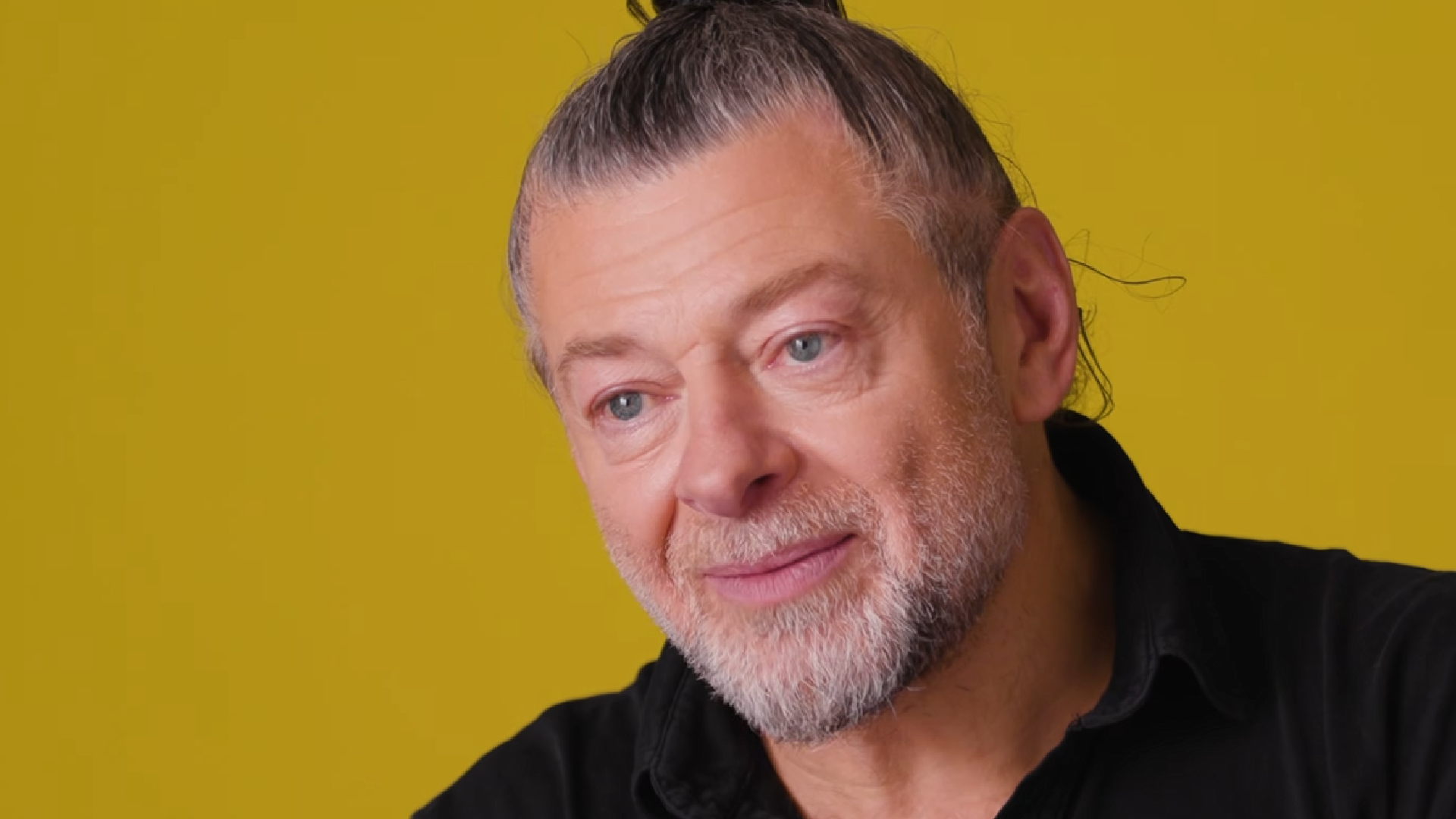A still from a Variety video titled "Does Andy Serkis Know His Lines?" featuring actor Andy Serkis looking emphatically into the camera.