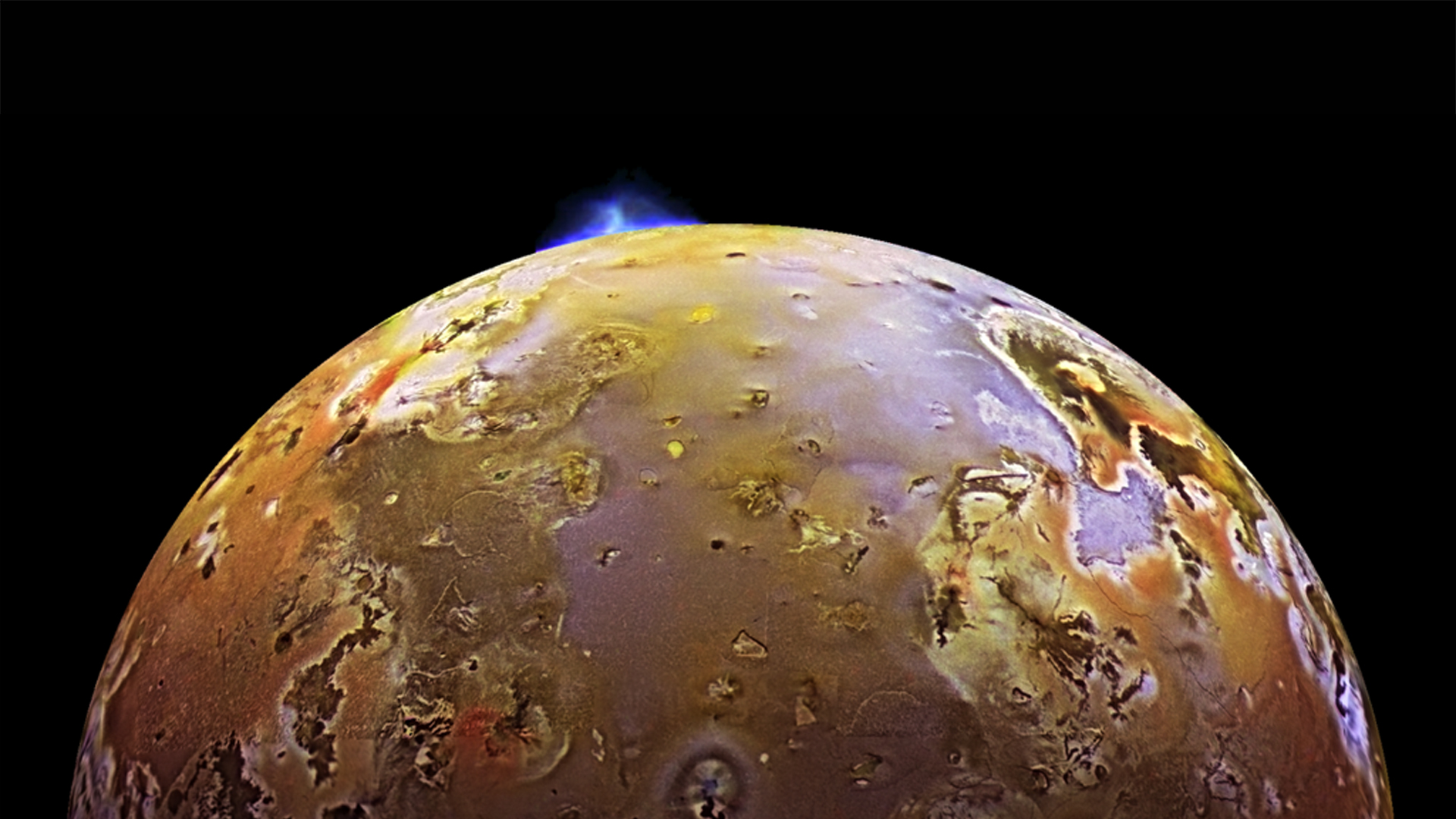 Io has hundreds of active volcanoes. Here, an impressive eruption was captured by NASA’s Galileo spacecraft during a flyby.