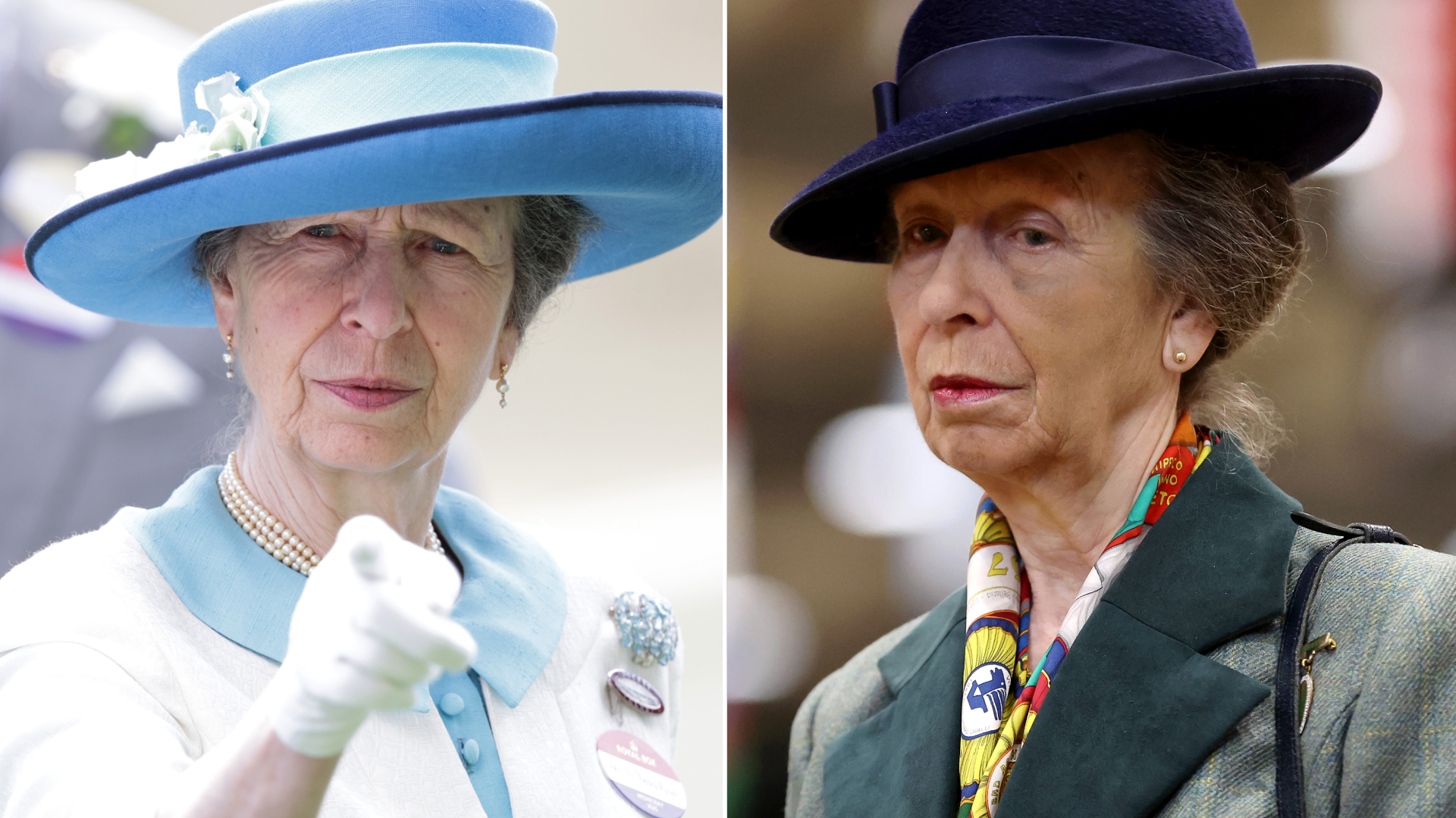 Princess Anne wears a turquoise and white outfit and points at the camera, and in another photos she wears a green tweed jacket and a navy hat