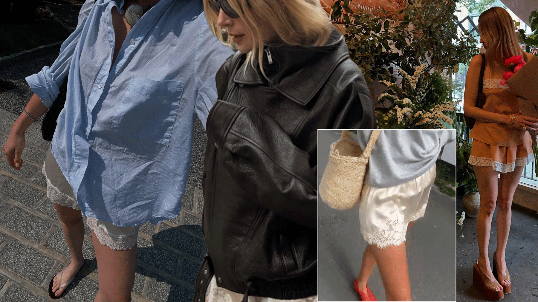 A collage of chic women wearing silk lace trim shorts.