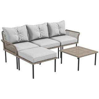 Outsunny 5 Piece Patio Furniture Set, Outdoor Conversation Set With L-Shaped Sofa, Cushions, for Backyard, Lawn and Pool, Cream White