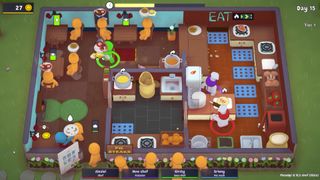 In-game screenshot of four chefs serving customers in PlateUp!