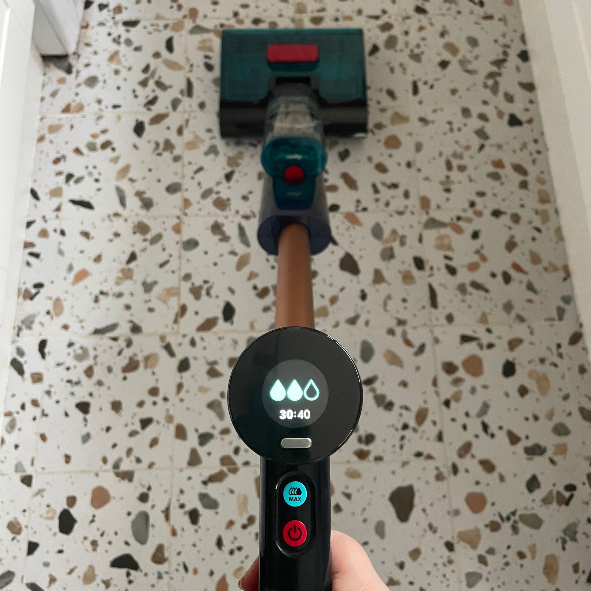 Using the Dyson Clean+Wash Hygiene to clean terrazzo tiled kitchen floors in a galley kitchen