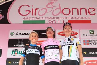 The 2011 Giro Donne podium - Emma Pooley (Garmin-Cervelo), Marianne Vos (Nederland Bloeit) and Judith Arndt (HTC-Highroad)