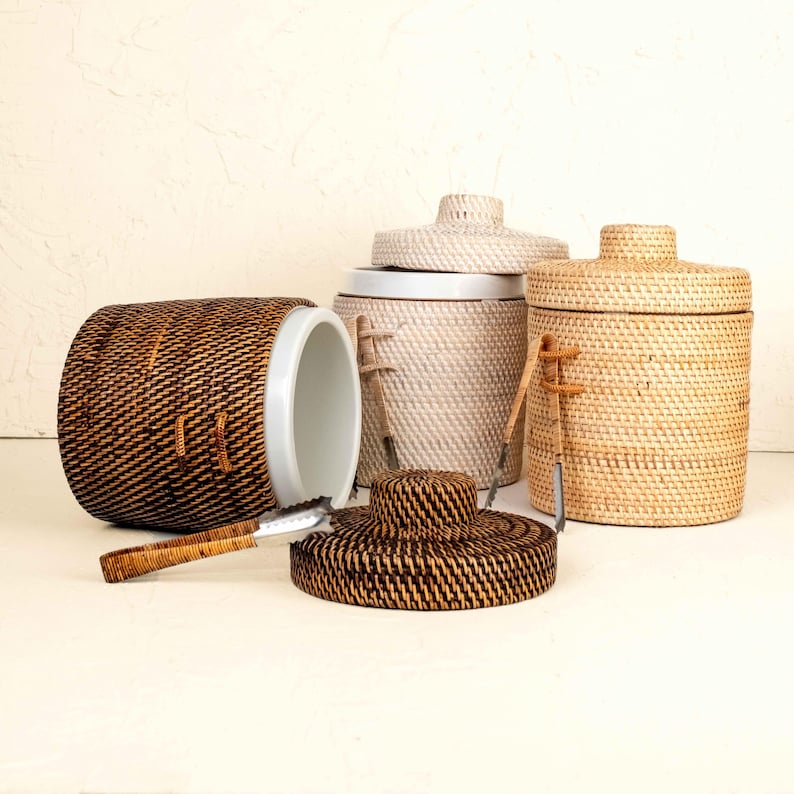 Premium Handcrafted Rattan Ice Bucket With Tongs - Vintage-Inspired Coastal Charm Gift for Him/her Birthday Gift