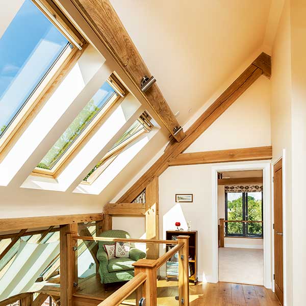 galleried landing below vaulted ceiling with rooflights