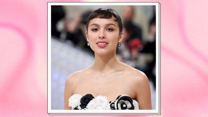  Olivia Rodrigo is pictured wearing a white and black floral dress as she attends The 2023 Met Gala Celebrating "Karl Lagerfeld: A Line Of Beauty" at The Metropolitan Museum of Art on May 01, 2023 in New York City. / in a pink and cream grainy, gradient template