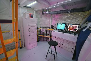 A crew work area on the second floor of Sierra Nevada Corp.'s Lunar Gateway ground prototype, at NASA's Johnson Space Center in Houston on Aug. 21, 2019.