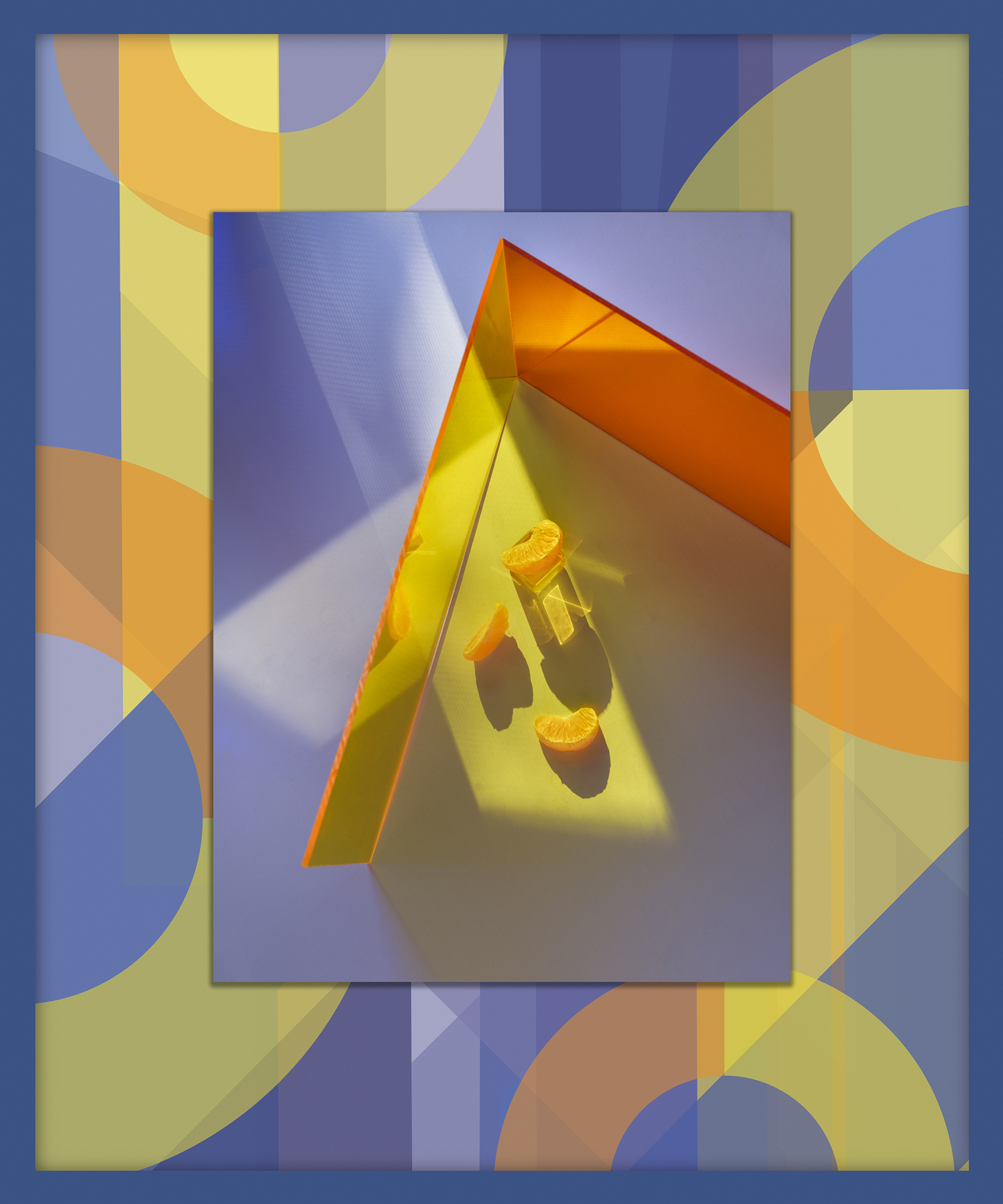 Abstract image with tangerine slices casting shadows on a surface divided by orange and yellow panels. Colorful geometric frame adds a modern feel