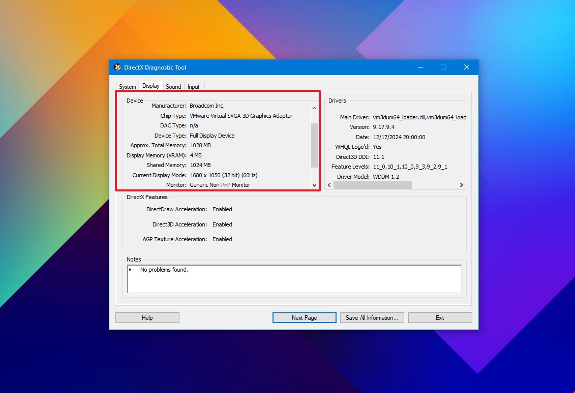Dxdiag graphics info on Windows 10