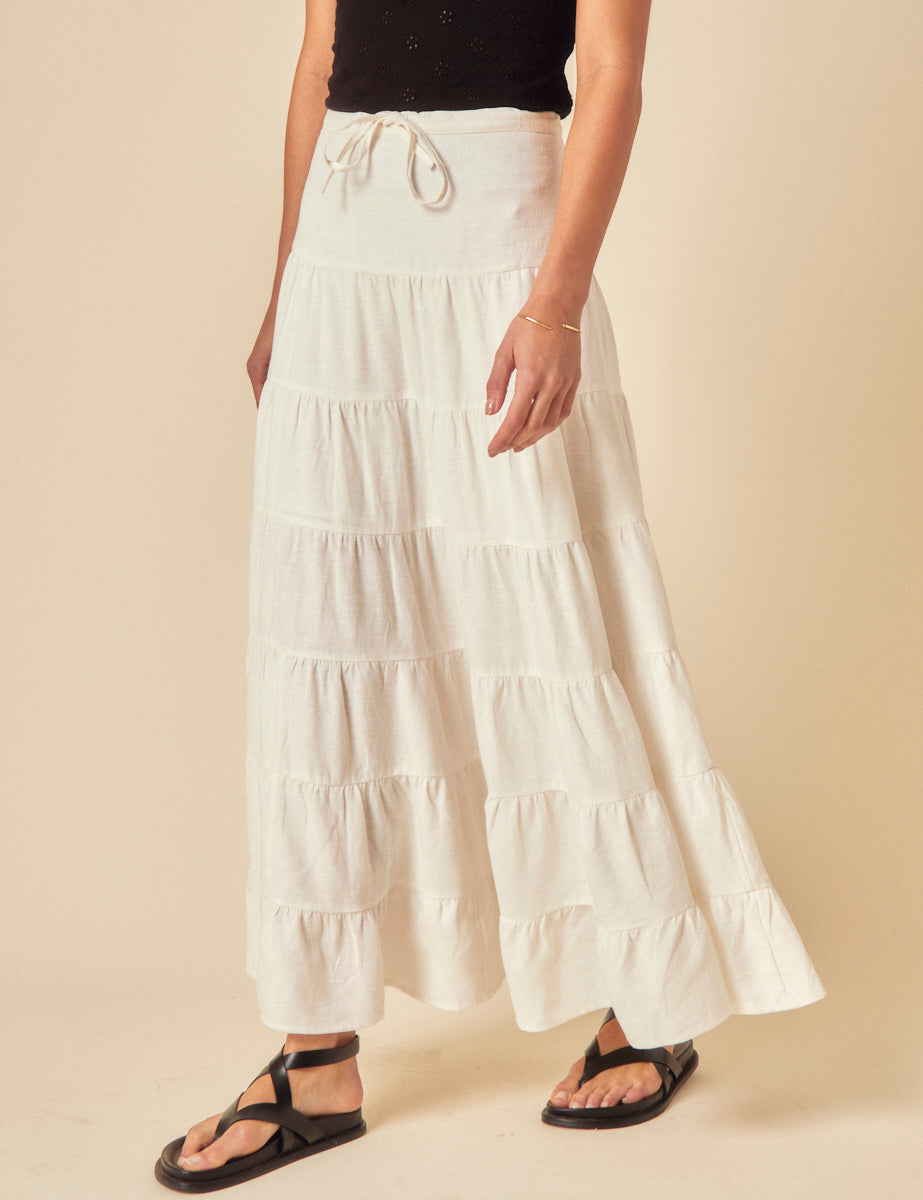 White Linen-Blend Tie Waist Tiered Skirt