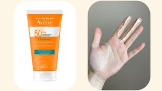 Side by side images of Avène Cleanance Very High Protection SPF 50+ and swatches