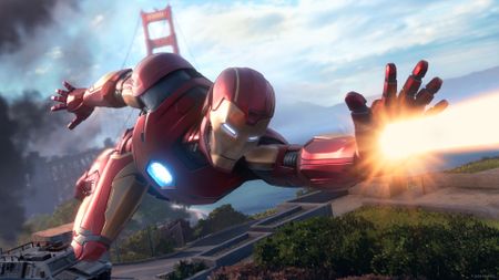 Iron Man flies with his hand outstretched, ready for battle