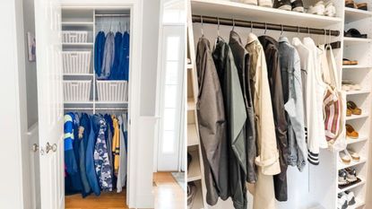 Two small entryway closets filled with coats and shoes