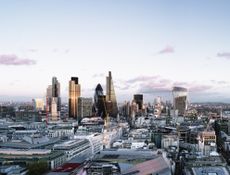 Elevated view over London skyline at sunset