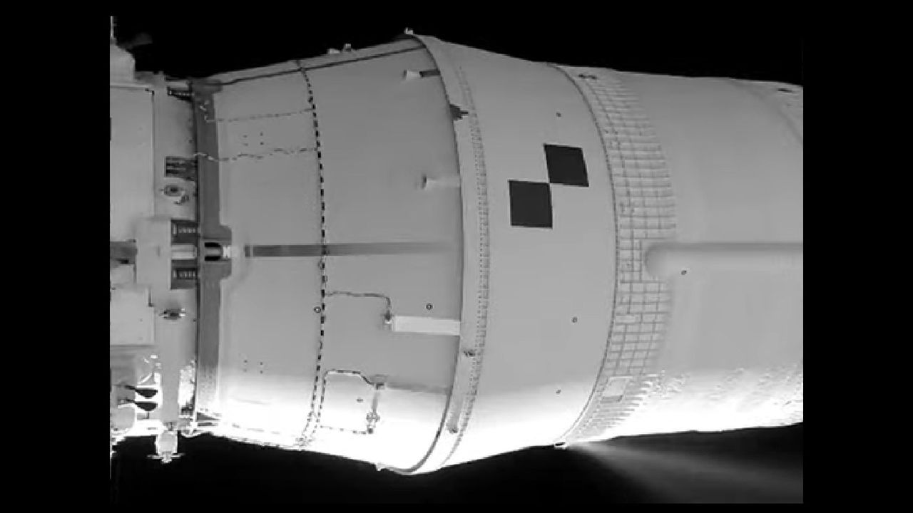 The Orion spacecraft seen by a camera on its solar panel.