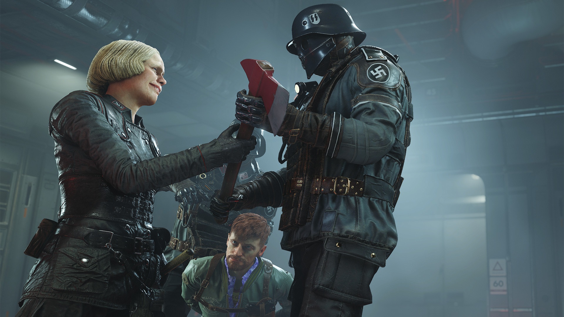 Two Nazis holding an ax in Wolfenstein 2: The New Colossus