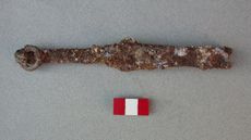 This iron sword, now fragmentary and corroded, was discovered in 1993 in the Byzantine city of Amorium. Its surviving hilt with the ringed pommel is unique.