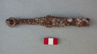 This iron sword, now fragmentary and corroded, was discovered in 1993 in the Byzantine city of Amorium. Its surviving hilt with the ringed pommel is unique.