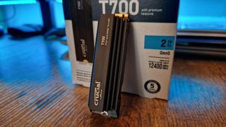 Crucial T700 Pro standing upright against its box