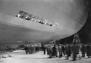 The Hindenburg on Aug. 9, 1936, as it was taken out of its hangar at Friedrichshafen before leaving for New York.
