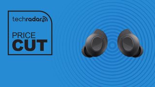 Samsung Galaxy Buds FE True Wireless Bluetooth Earbuds in black on blue background with TechRadar price cut sign