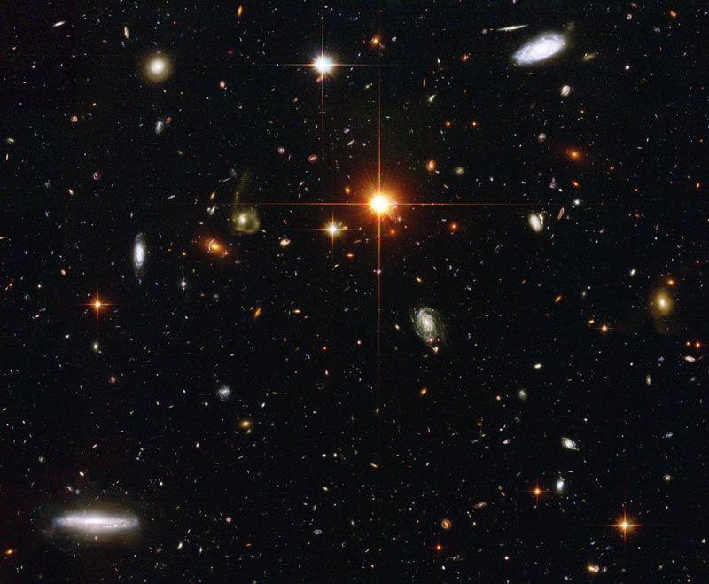 Gazing deep into the universe, NASA&#039;s Hubble Space Telescope has spied a menagerie of galaxies. This image represents a typical view of our distant universe. In taking this picture, Hubble is looking down a long corridor of galaxies stretching billions of