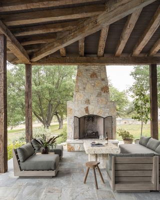An outdoor space with a fireplace