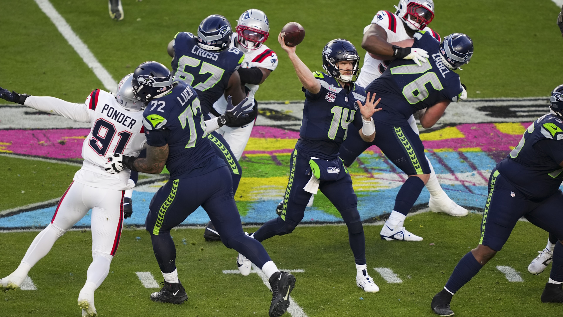 Sam Darnold #14 of the Seattle Seahawks throws the ball during the NFL Super Bowl LX football game against the New England Patriots.