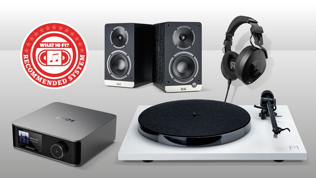 Speaker, turntable, streamer and headphones on grey background