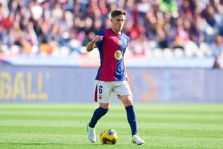 Pablo Paez 'Gavi' of FC Barcelona with the ball during the LaLiga EA Sports match between FC Barcelona and UD Las Palmas at Estadi Olimpic Lluis Companys on November 30, 2024 in Barcelona, Spain.