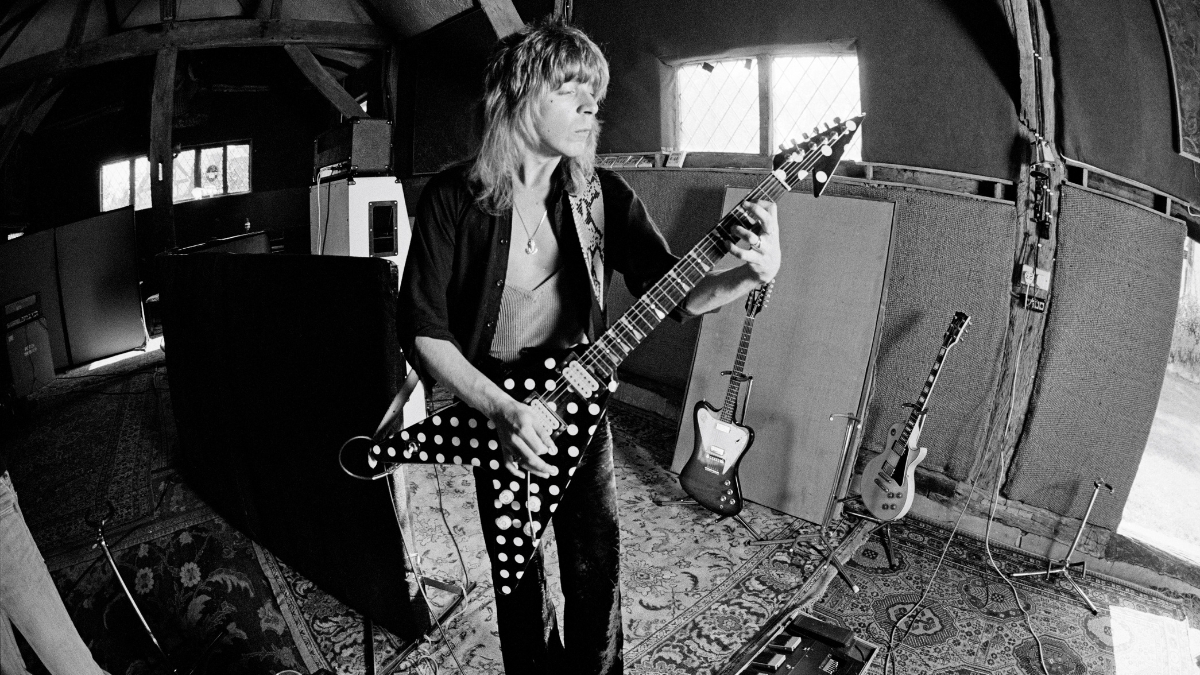 American guitarist Randy Rhoads (1956-1982) recording Ozzy Osbourne's 'Blizzard of Ozz' album at Ridge Farm Studio in West Sussex, England in May 1980
