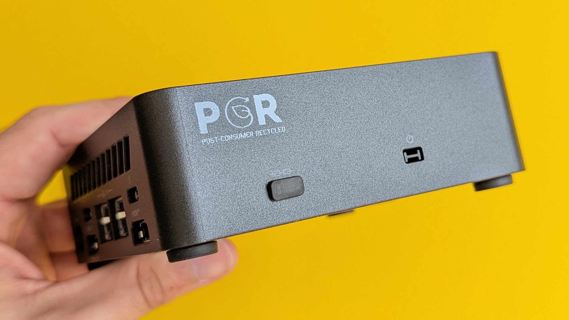 MSI Cubi NUC A1 1UMG mini PC side panel showing PGR logo and power button connection port
