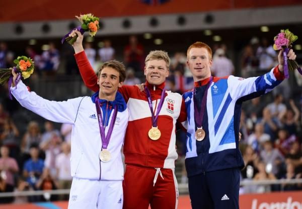 Men's omnium podium (L-R): Bryan Coquard (France), 2nd; Lasse Norman Hansen (Denmark), 1st; Ed Clancy (Great Britain), 3rd