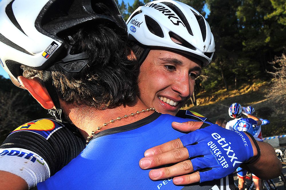 Davide Martinelli hugs teammate Fernando Gaviria after stage 2 of Tour la Provence