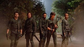 Henry Golding, Luca Marinelli, Marwan Kenzari, Charlize Theron and Kiki Layne in tactical gear in The Old Guard 2