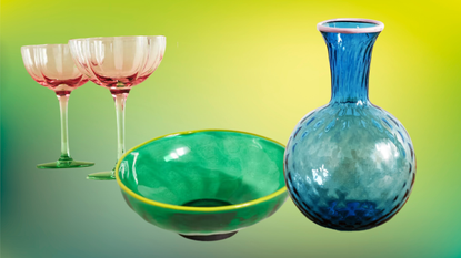 floral coupes, colorful glass bowl and carafe